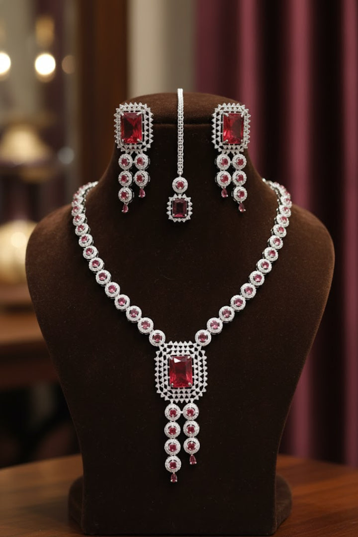 Sondarya Ruby Radiance American Diamond Necklace Set With Maang Tikka