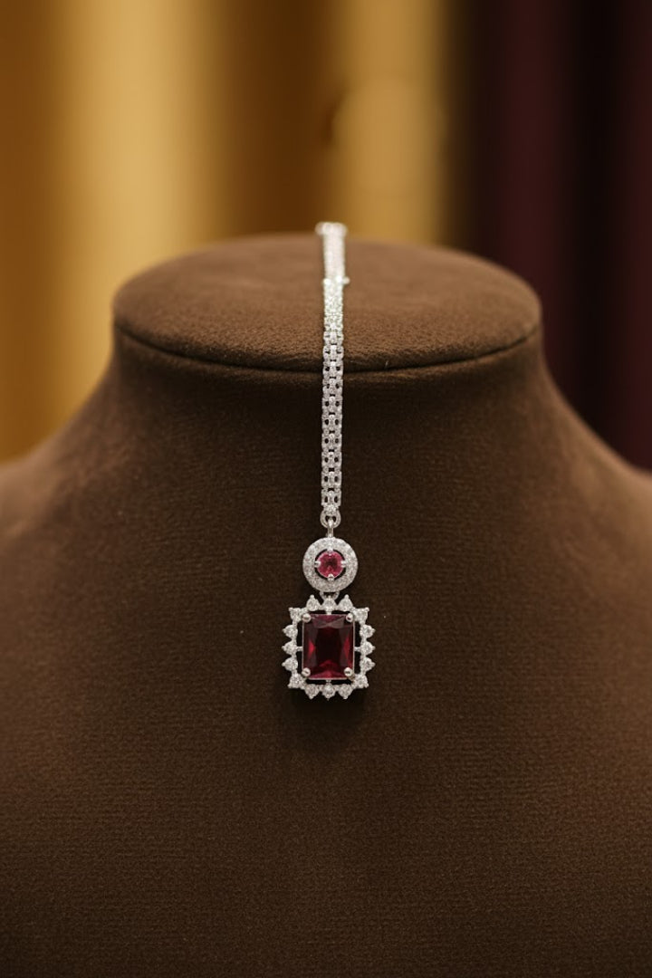 Sondarya Ruby Radiance American Diamond Necklace Set With Maang Tikka