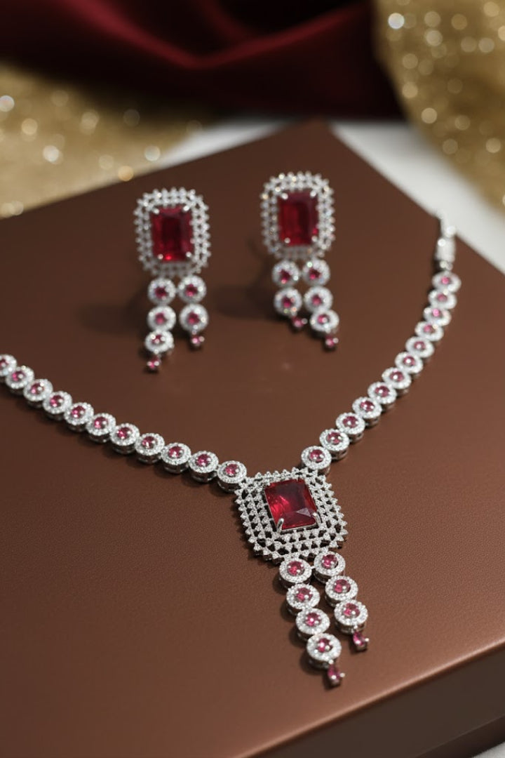 Sondarya Ruby Radiance American Diamond Necklace Set With Maang Tikka