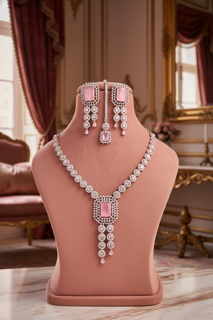 Sondarya Pink American Diamond Jewelry Set With Maang Tikka