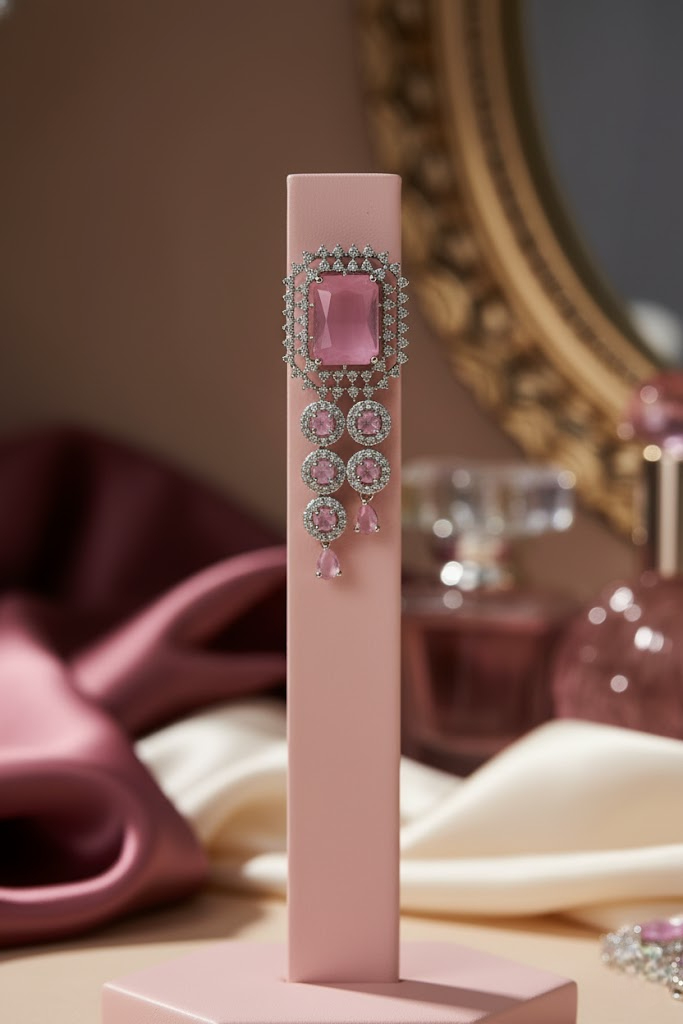 Sondarya Pink American Diamond Jewelry Set With Maang Tikka