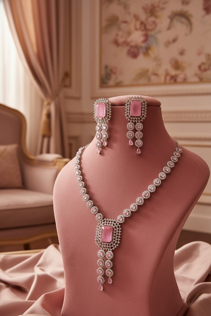 Sondarya Pink American Diamond Jewelry Set With Maang Tikka