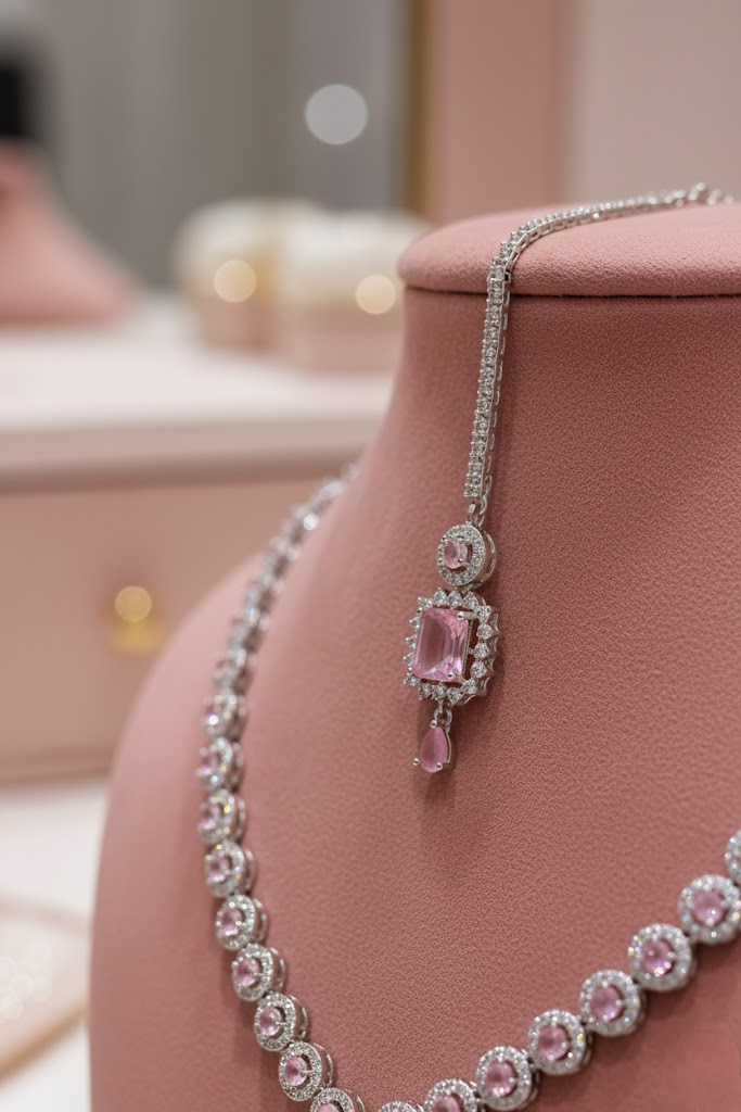 Sondarya Pink American Diamond Jewelry Set With Maang Tikka