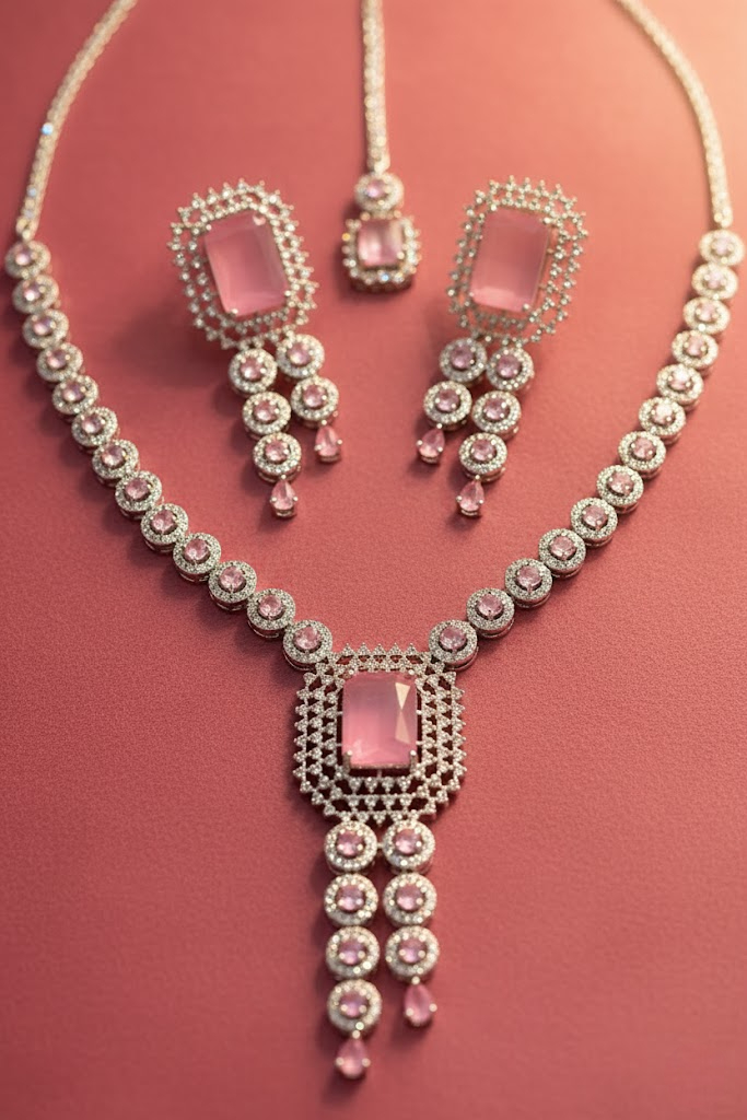 Sondarya Pink American Diamond Jewelry Set With Maang Tikka