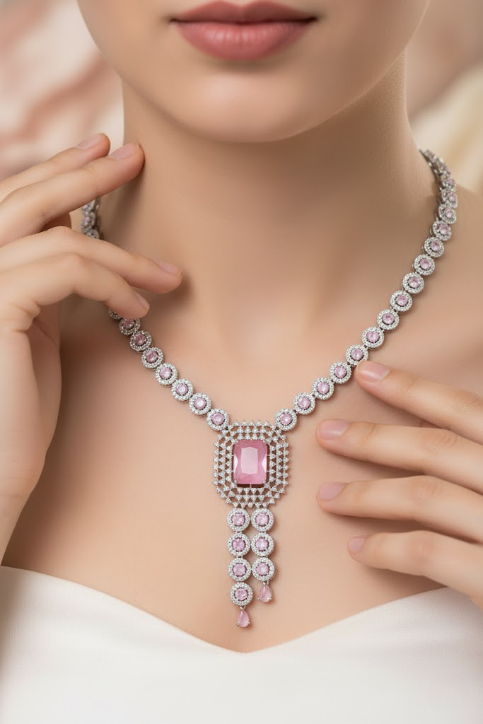 Sondarya Pink American Diamond Jewelry Set With Maang Tikka