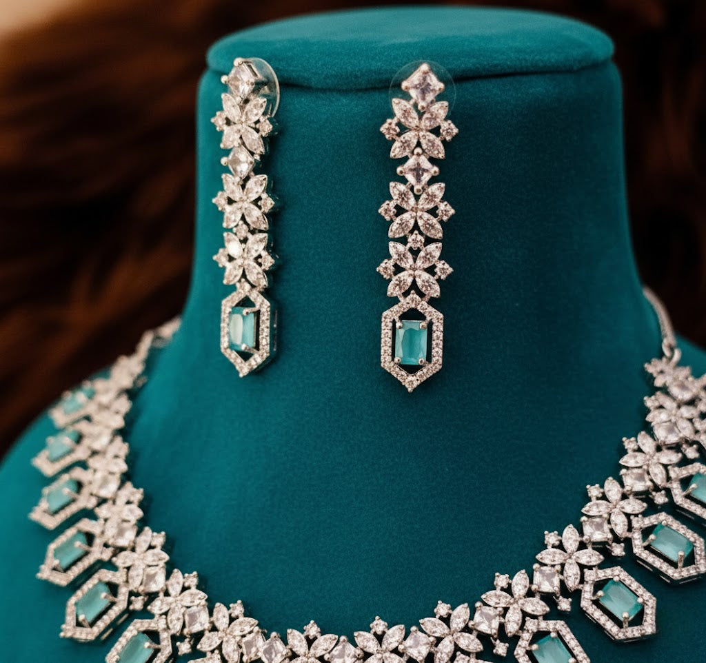 Sondarya American Diamond Necklace Set with Teal Accents