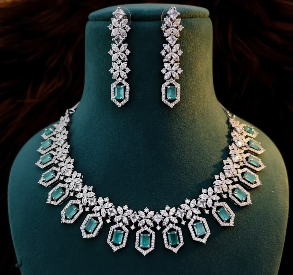Sondarya American Diamond Necklace Set with Teal Accents