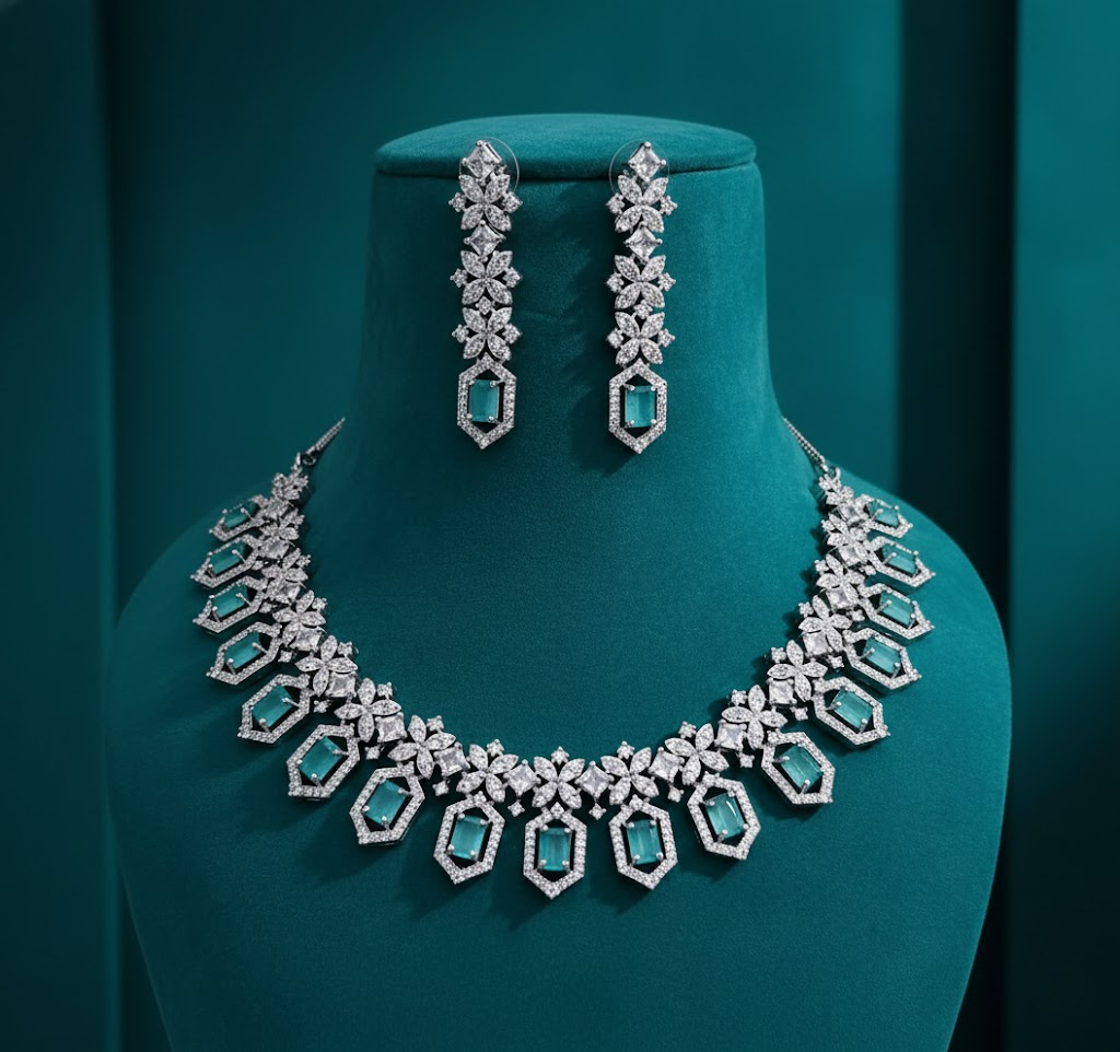Sondarya American Diamond Necklace Set with Teal Accents