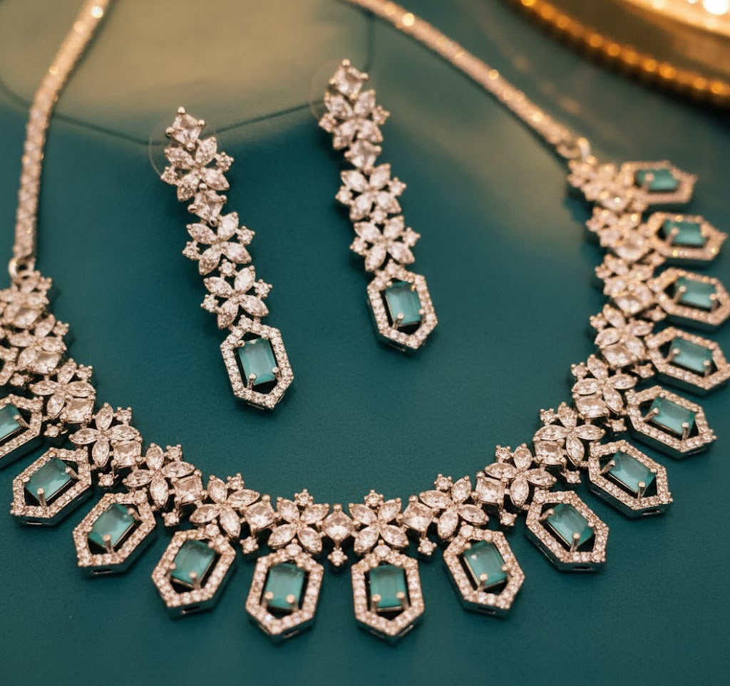 Sondarya American Diamond Necklace Set with Teal Accents