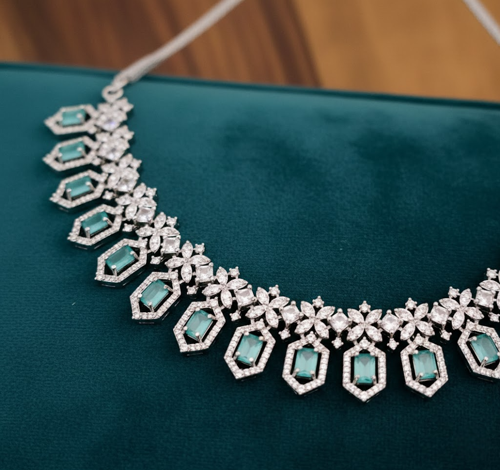 Sondarya American Diamond Necklace Set with Teal Accents