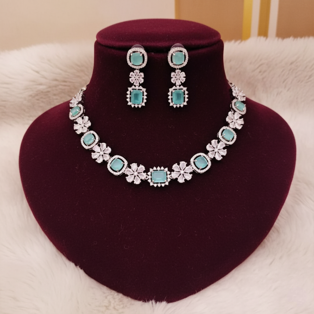 Sondarya Aqua American Diamond Necklace Set with Dangler Earrings