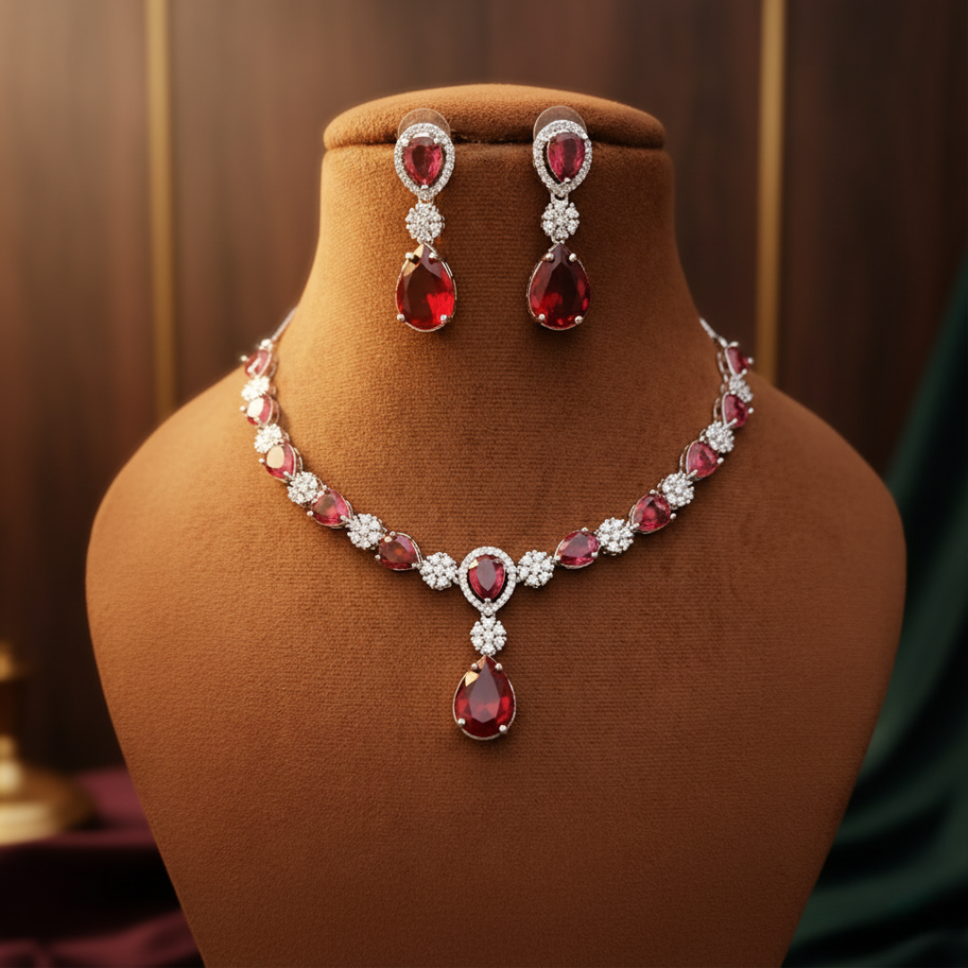 Sondarya American Diamond Red Necklace & Earring Set