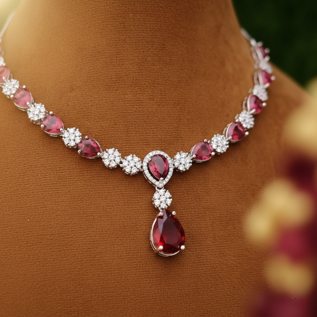 Sondarya American Diamond Red Necklace & Earring Set