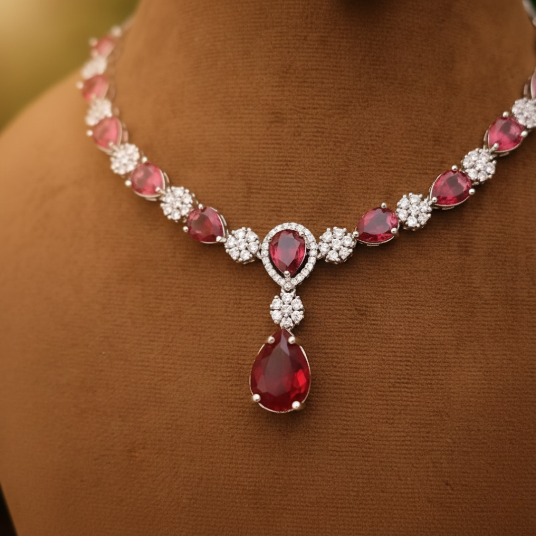 Sondarya American Diamond Red Necklace & Earring Set