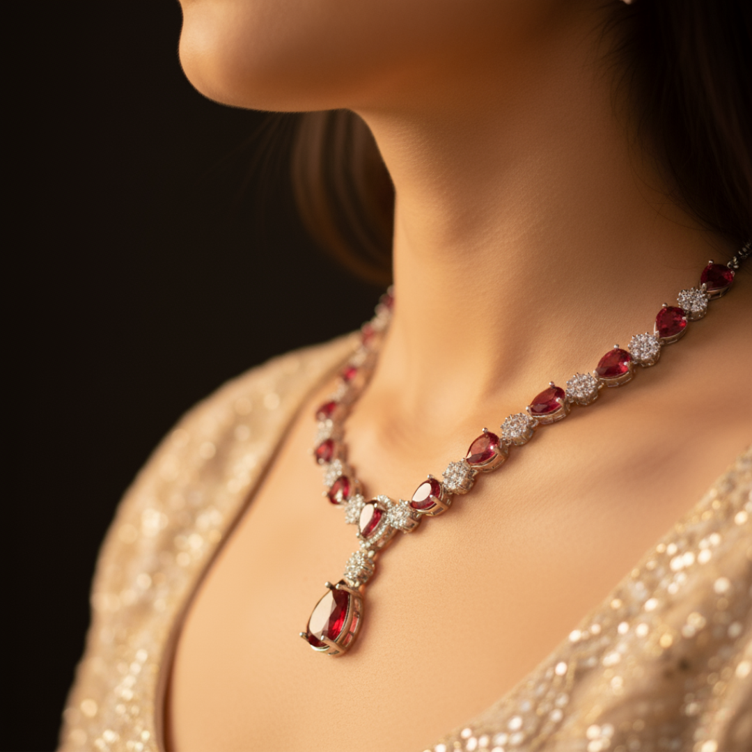 Sondarya American Diamond Red Necklace & Earring Set