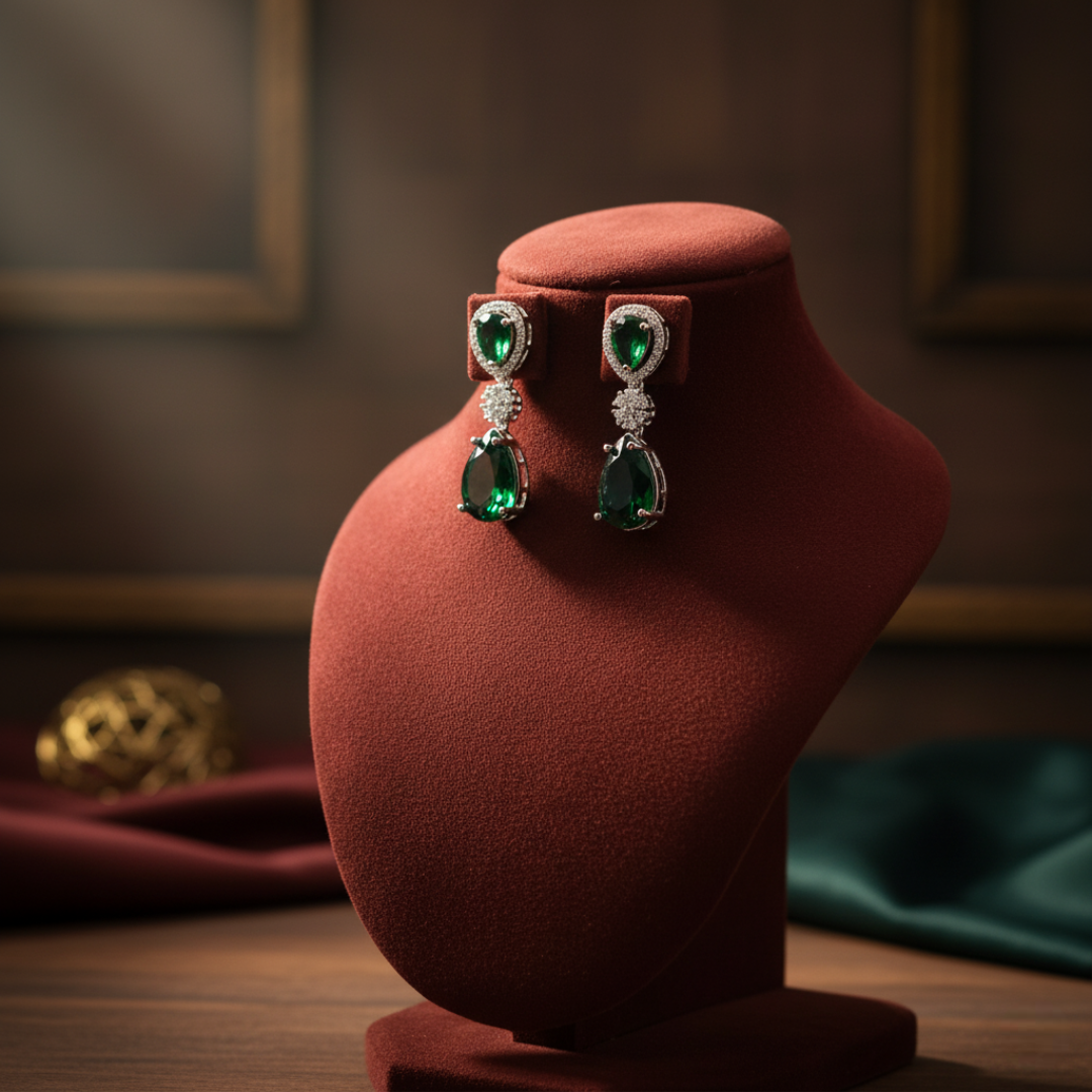 Sondarya Emerald Green American Diamond Necklace & Earrings Set