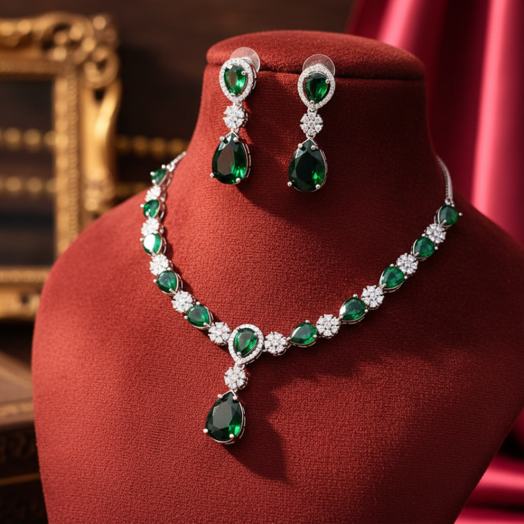 Sondarya Emerald Green American Diamond Necklace & Earrings Set