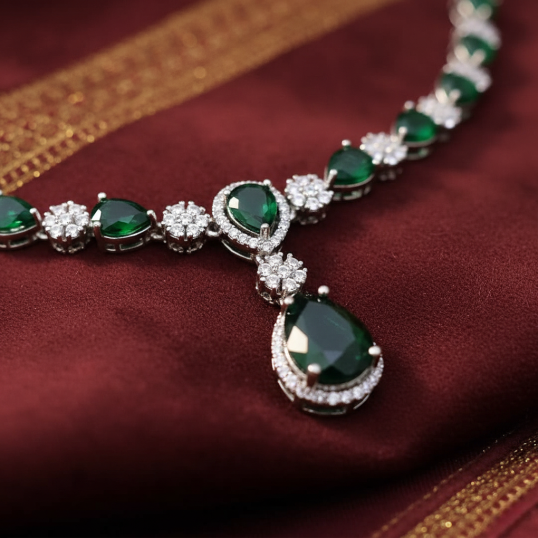 Sondarya Emerald Green American Diamond Necklace & Earrings Set