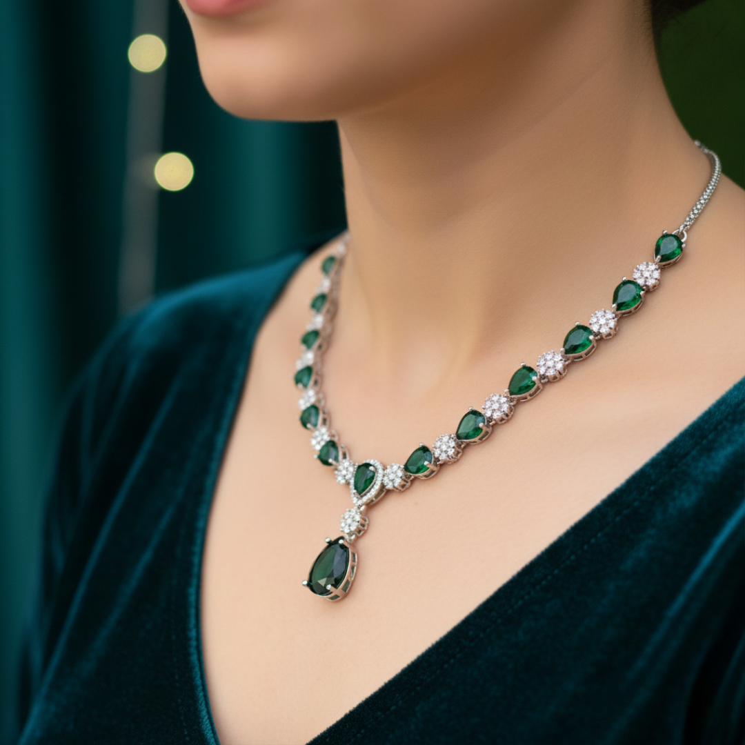 Sondarya Emerald Green American Diamond Necklace & Earrings Set