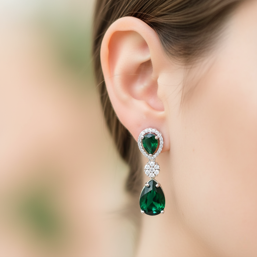 Sondarya Emerald Green American Diamond Necklace & Earrings Set