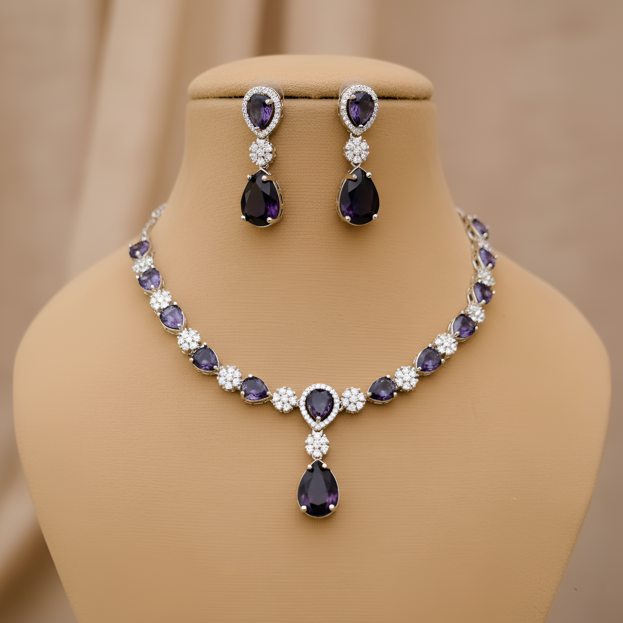 Sondarya American Diamond Necklace and Earrings Set with Purple Gemstones