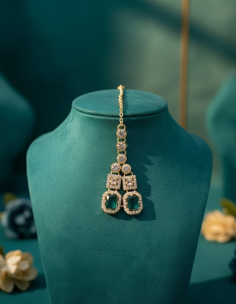 Sondarya Regal Emerald Double-Layered Necklace Set With Maang Tikka