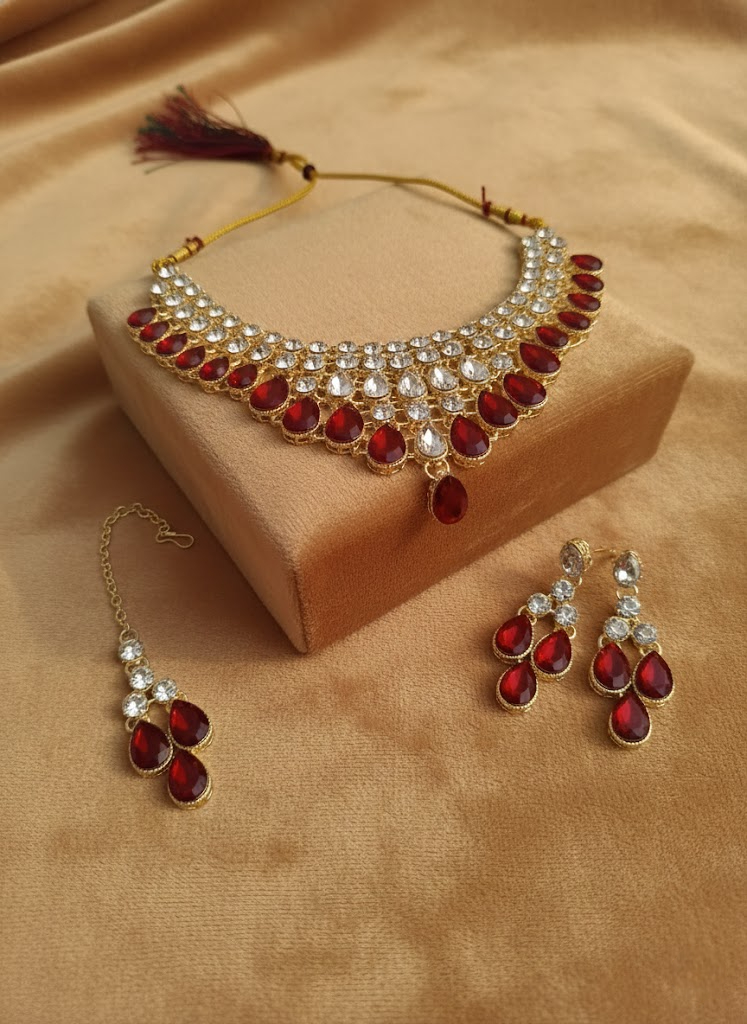 Sondarya Ruby Bloom AD and Red Stone Necklace Set with Maang Tikka