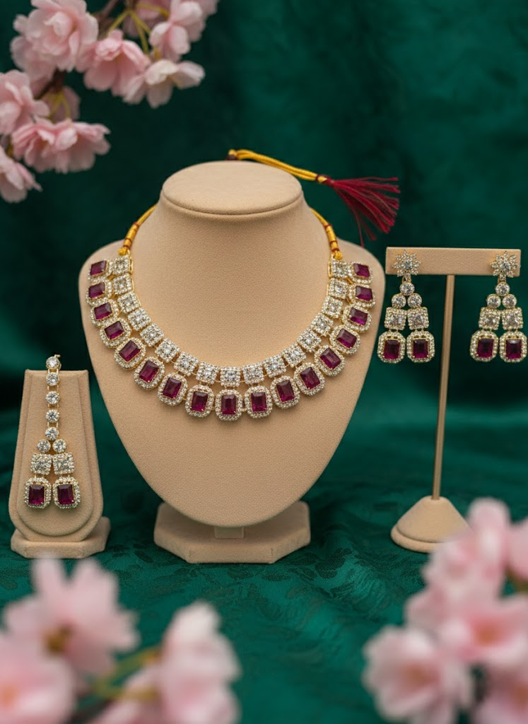 Sondarya Regal Ruby & Diamond-Look Necklace Set With Maang Tikka