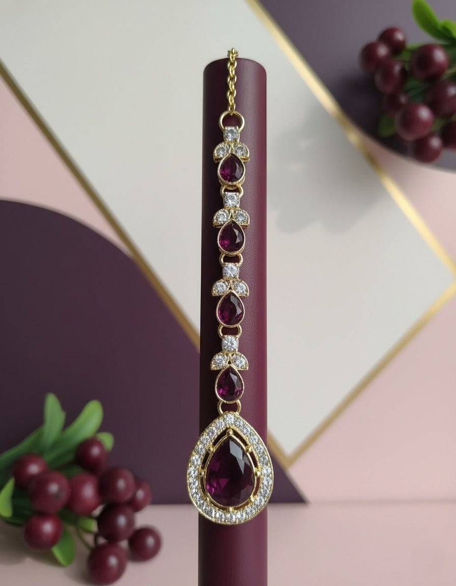 Sondarya Regal Plum Teardrop Double-Layered Necklace Set With Maang Tikka