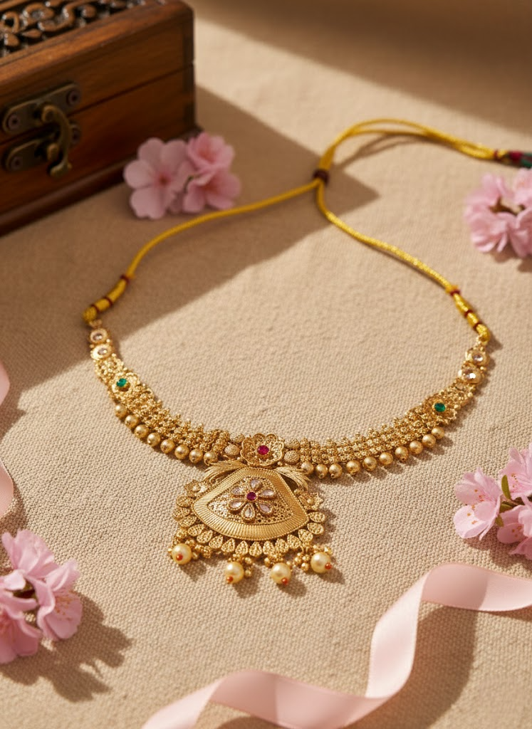 Sondarya Regal Gold-Tone Temple Necklace Set With Earrings