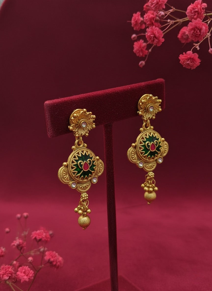 Sondarya Heritage Forest Green Enamel & Antique Gold Set With Earrings
