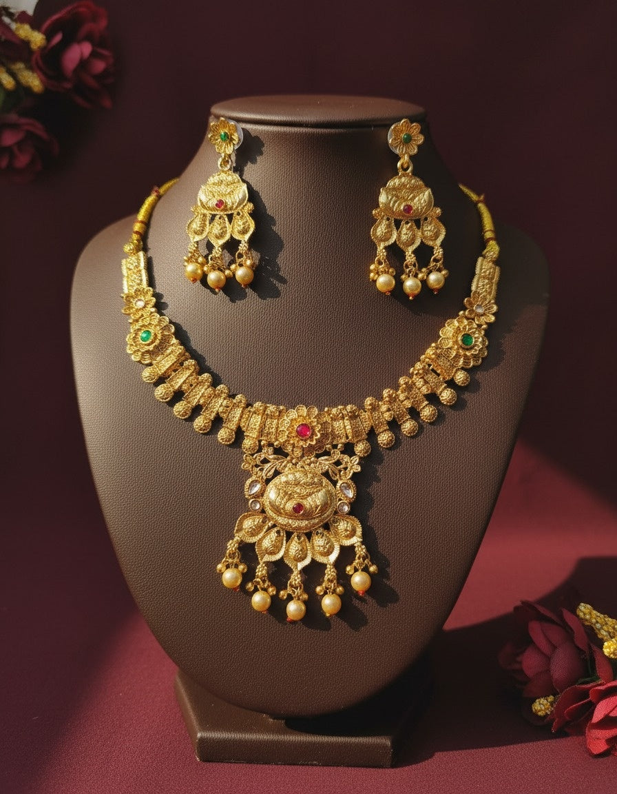 Sondarya Regal Antique Gold-Toned Temple Jewelry Set With Earrings