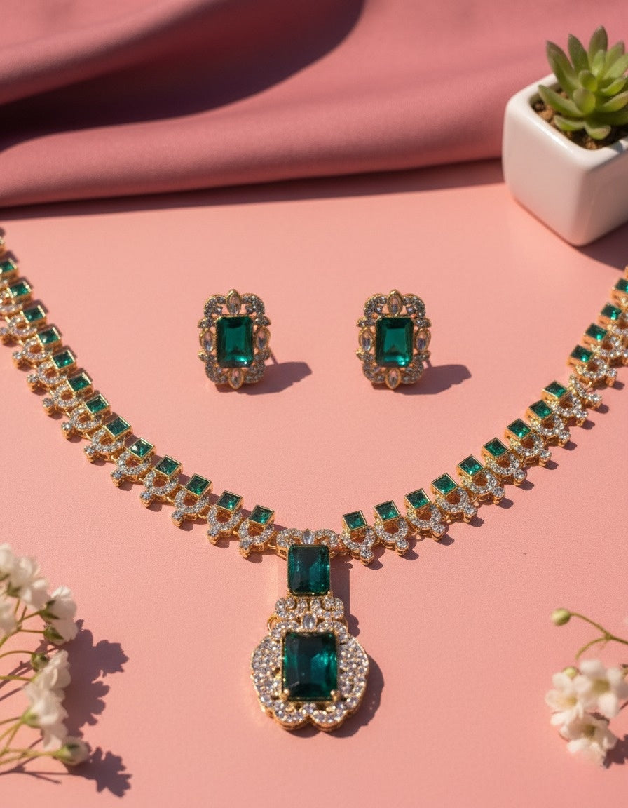 Sondarya Royal Emerald Green Statement Necklace Set With Earrings
