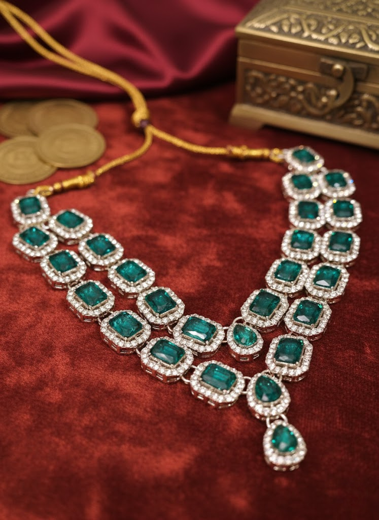 Sondarya Royal Emerald American Diamond Necklace Set with Maang Tikka