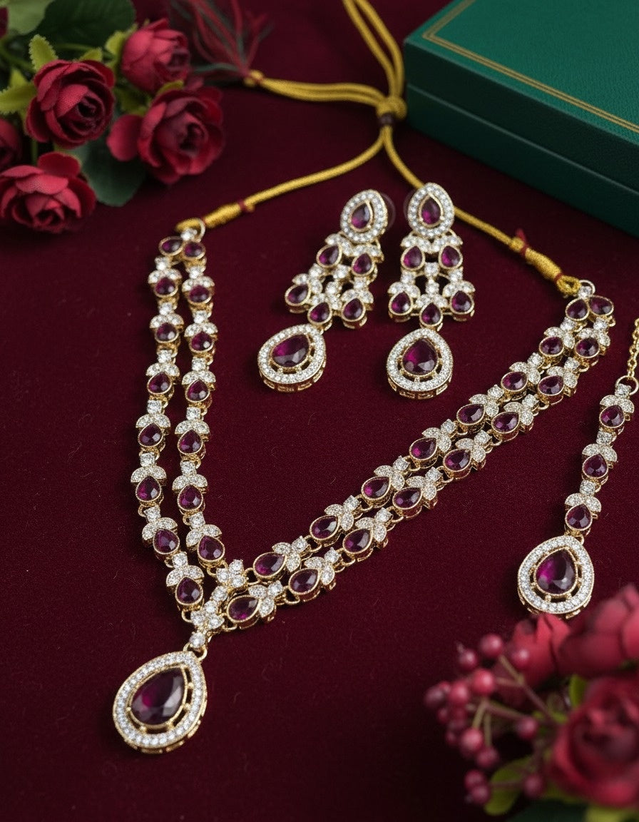 Sondarya Regal Plum Teardrop Double-Layered Necklace Set With Maang Tikka