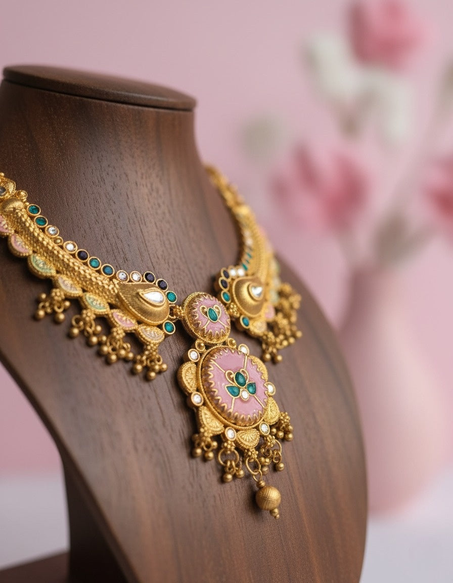 Sondarya Heritage Pink Enamel & Antique Gold Necklace Set With Earrings