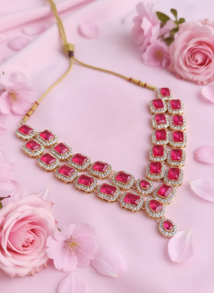 Sondarya Empress Fuchsia Pink Double-Layered Necklace Set With Maang Tikka