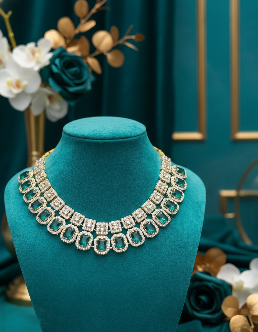 Sondarya Regal Emerald Double-Layered Necklace Set With Maang Tikka
