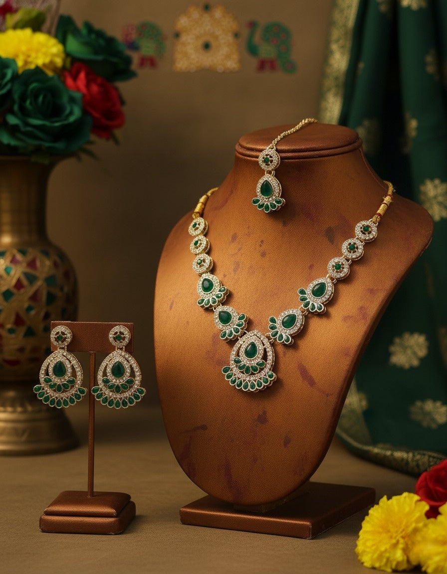Sondarya Verdant Bloom Green Necklace Set With Maang Tikka