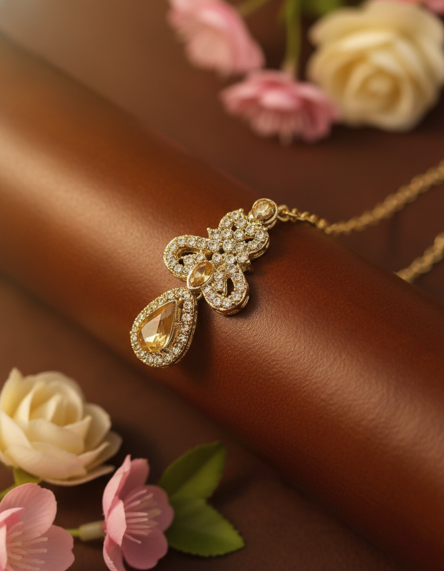 Sondarya Champagne Crystal Teardrop  Necklace Set With Maang Tikka