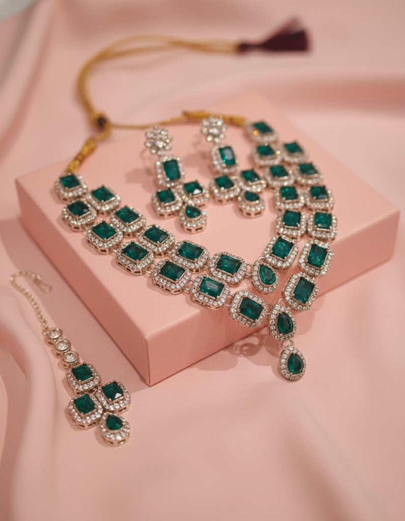 Sondarya Royal Emerald American Diamond Necklace Set with Maang Tikka