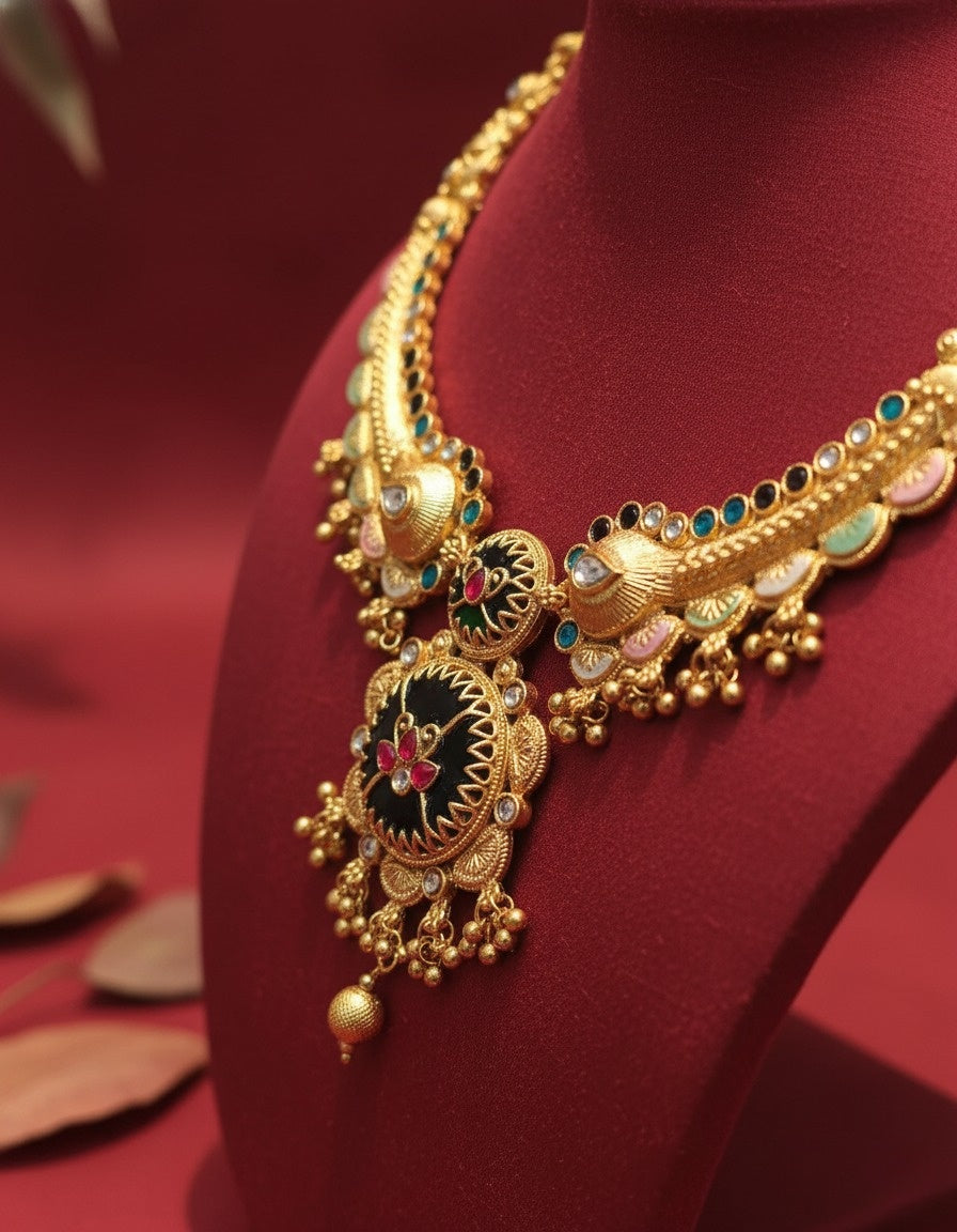 Sondarya Heritage Forest Green Enamel & Antique Gold Set With Earrings