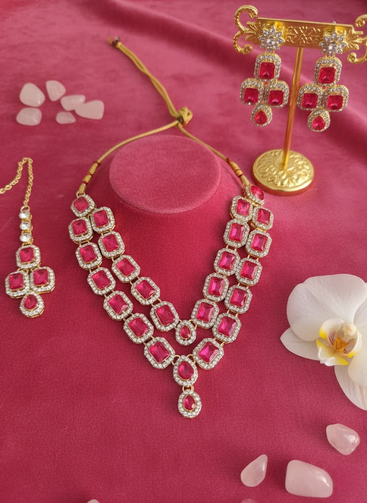 Sondarya Empress Fuchsia Pink Double-Layered Necklace Set With Maang Tikka