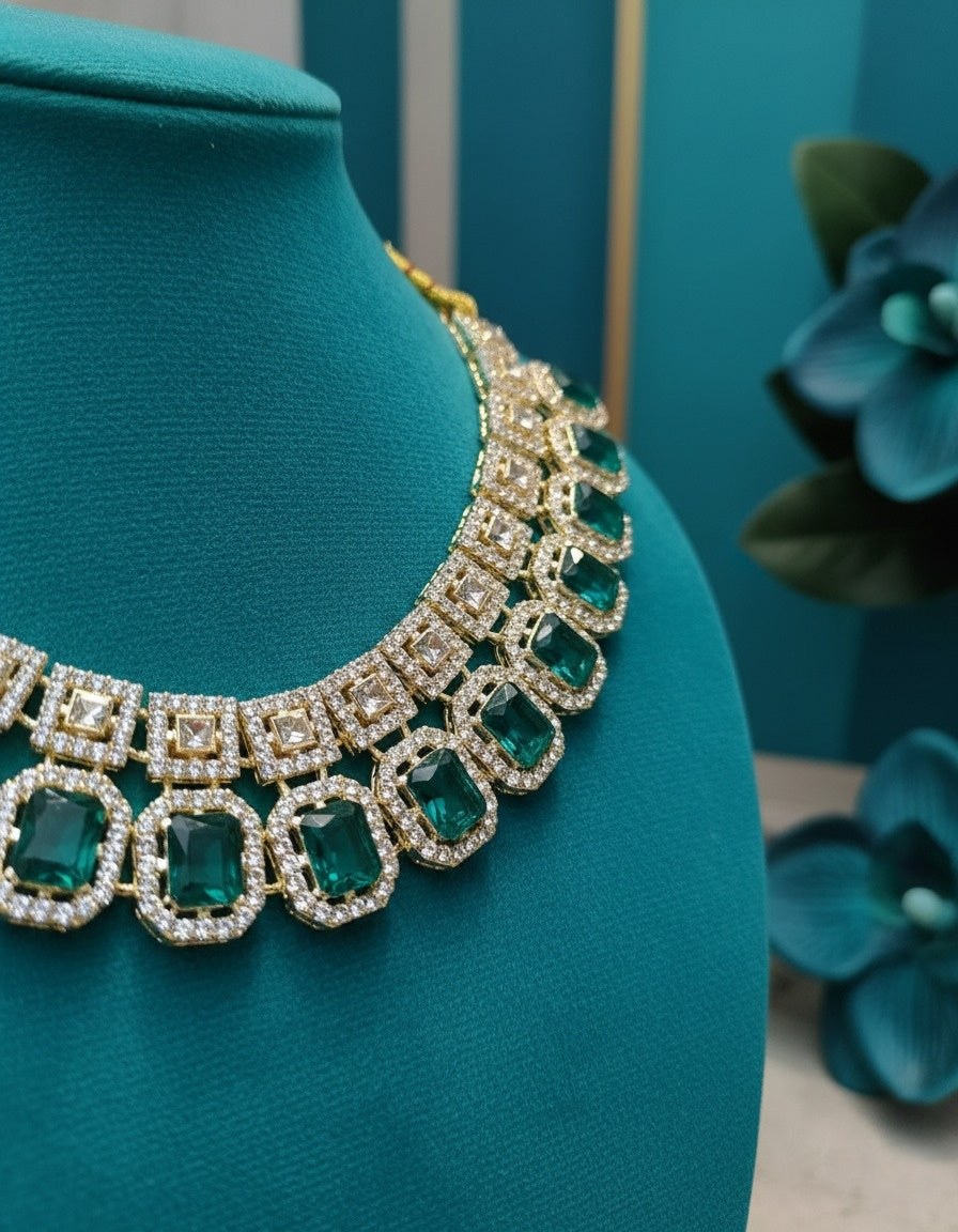 Sondarya Regal Emerald Double-Layered Necklace Set With Maang Tikka