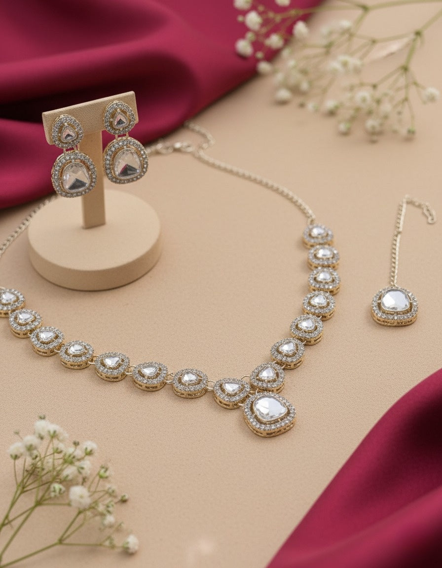 Sondarya Ethereal Ivory Polki-Style Necklace Set With Maang Tikka