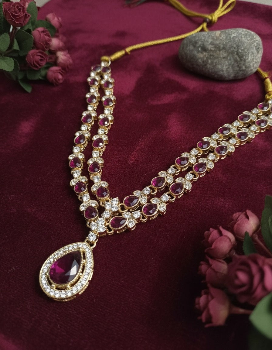 Sondarya Regal Plum Teardrop Double-Layered Necklace Set With Maang Tikka