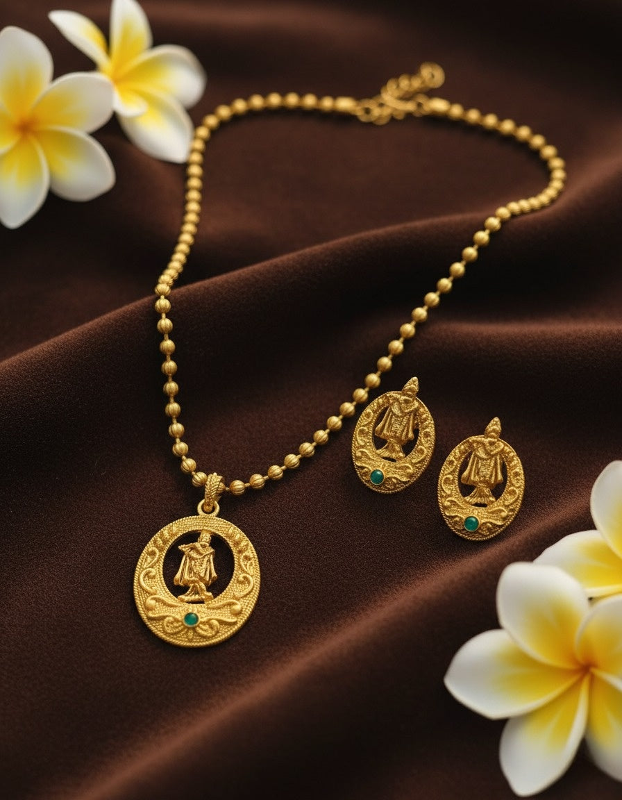 Sondarya Antique Gold-Toned Divine Krishna Pendant Set With Earrings