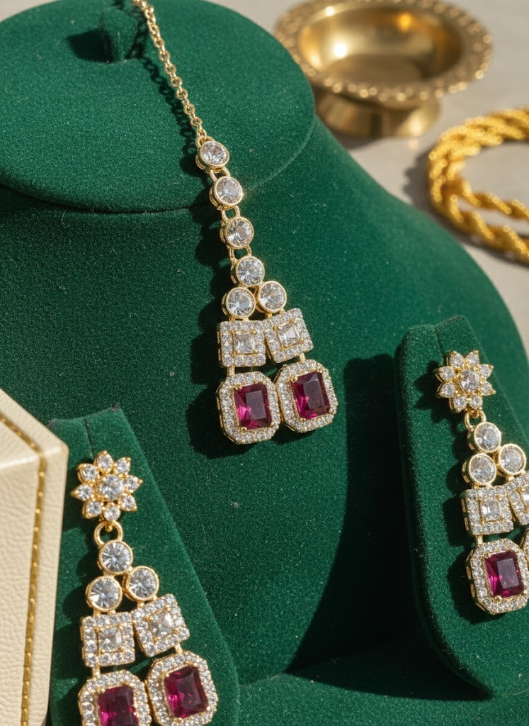 Sondarya Regal Ruby & Diamond-Look Necklace Set With Maang Tikka