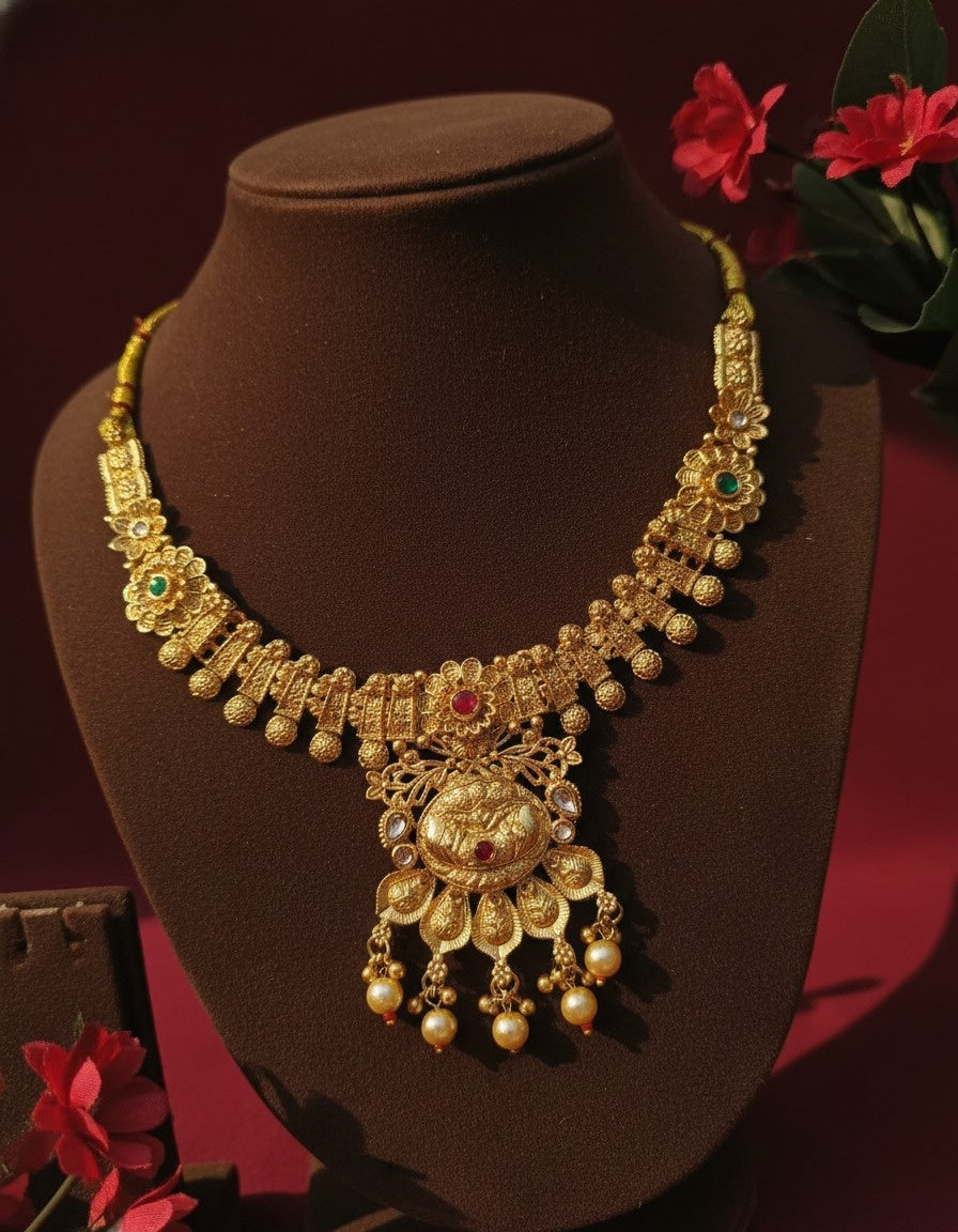 Sondarya Regal Antique Gold-Toned Temple Jewelry Set With Earrings