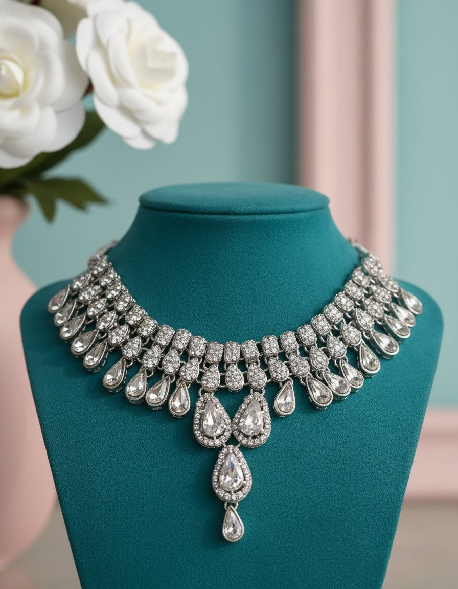 Sondarya Celestial Silver Crystal Necklace Set With Maang Tikka